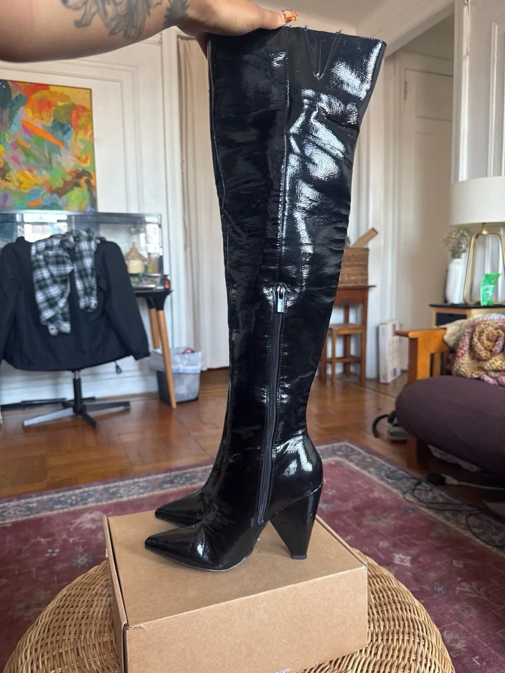Women's Knee-High Patent Leather Black Boots